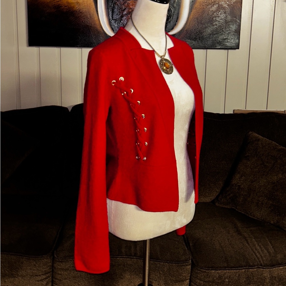 Cache ~ Women's Small ~100% Wool ~ Red Blazer Jacket W/ Lace Up Detail Hook Loop - Picture 11 of 16